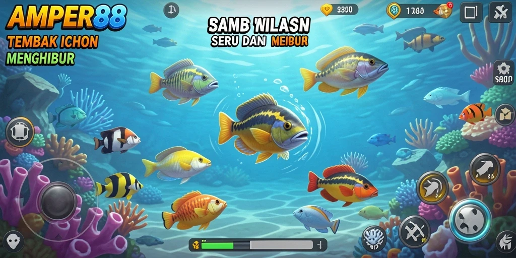 Tampilan gameplay seru AMPER88 dengan beragam ikan yang menunggu untuk ditembak.