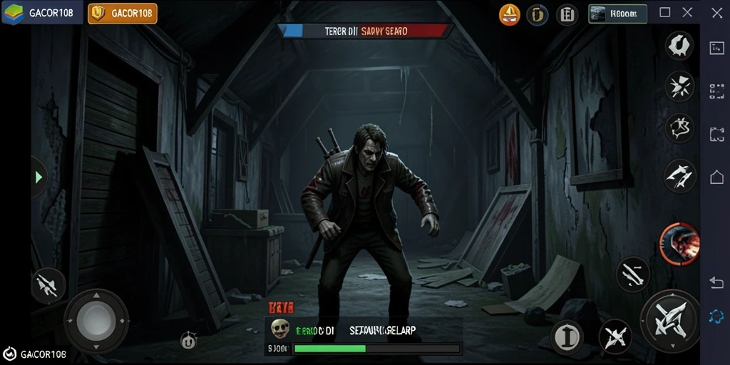 Screenshot utama GACOR108 yang menampilkan suasana gameplay yang menyeramkan.