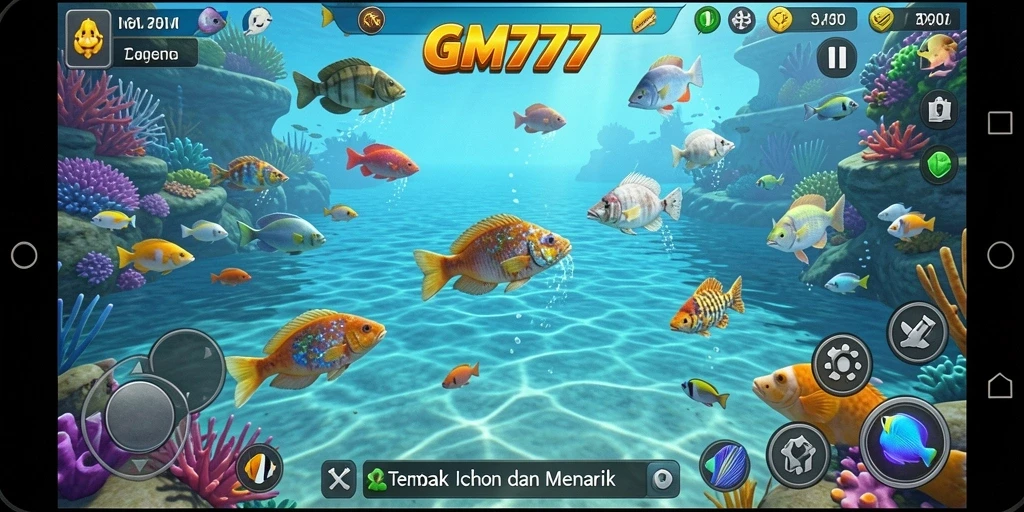 Screenshot gameplay GM777 dengan aksi menembak ikan yang seru.