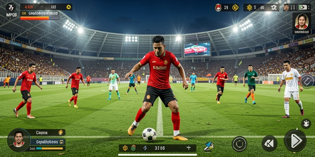 Screenshot MPO08 menampilkan aksi permainan sepakbola yang intens.