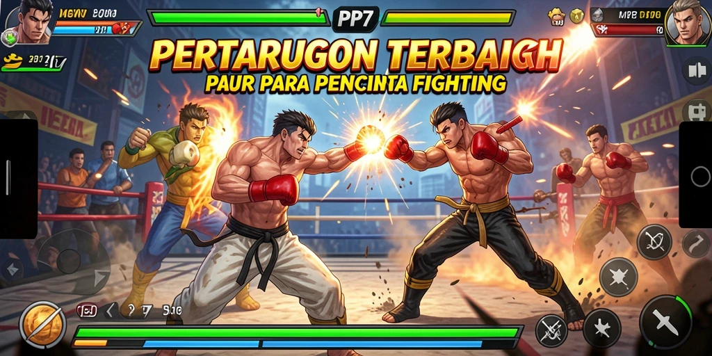 Screenshot gameplay PP7 menampilkan pertarungan yang intens dan karakter yang beragam.