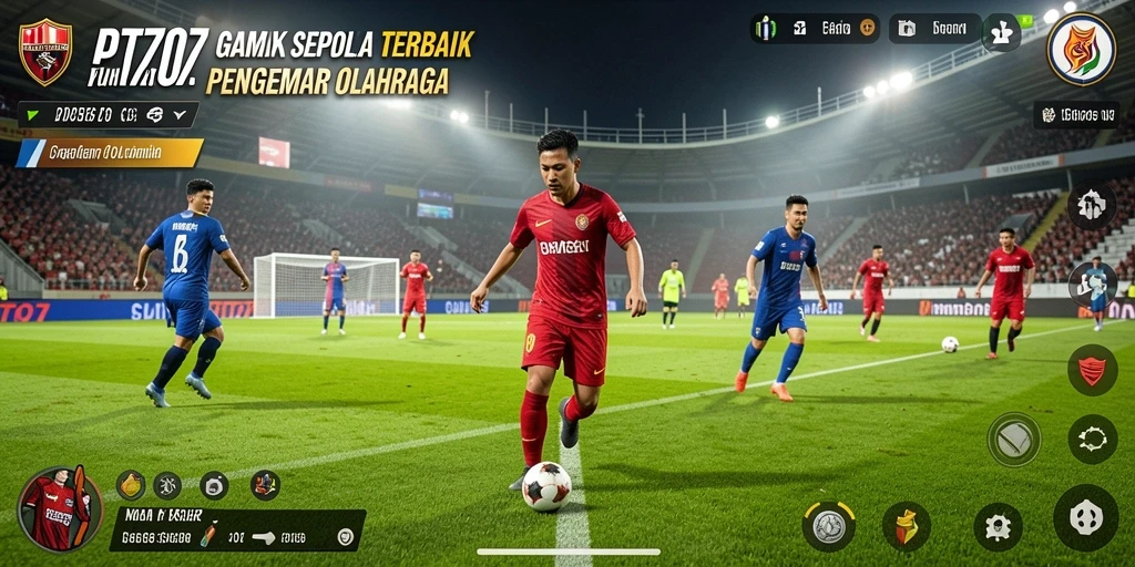 Screenshot utama PT707 menampilkan aksi seru di lapangan sepak bola.