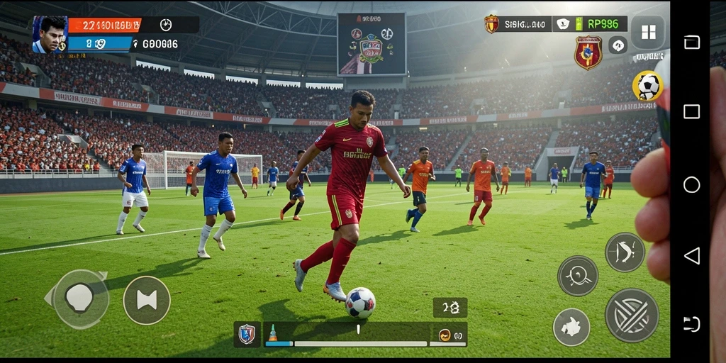 Tangkapan layar gameplay RP886 menunjukkan aksi seru di lapangan sepak bola.